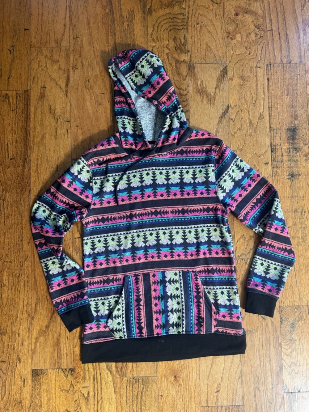 Aztec-Style Hooded Pullover - Pink, Teal, Black